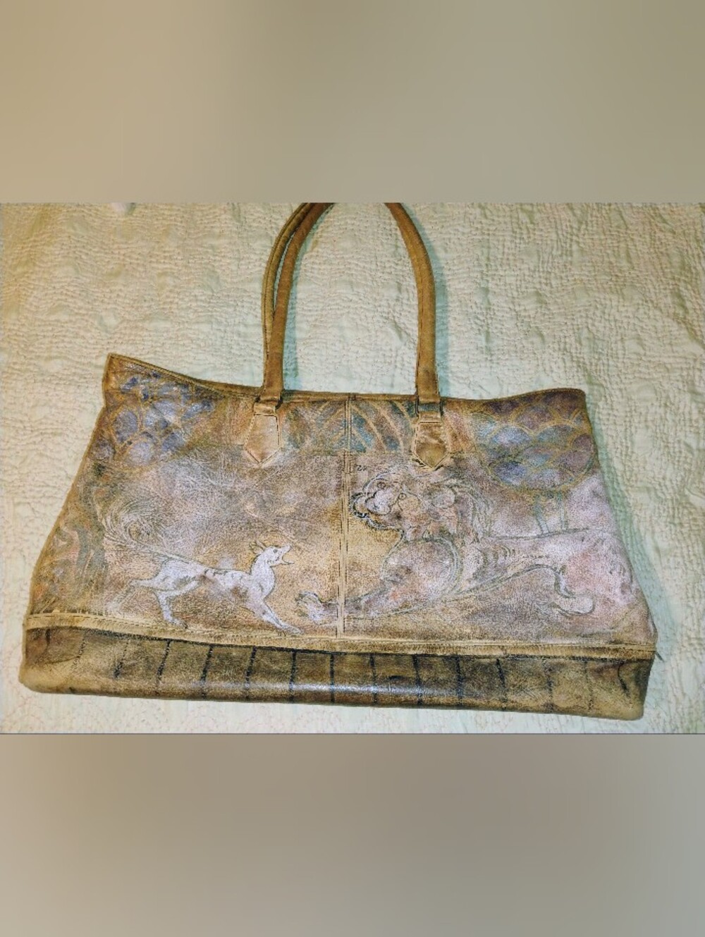 Jane Yoo Lion Dog Hand painted leather Handbag